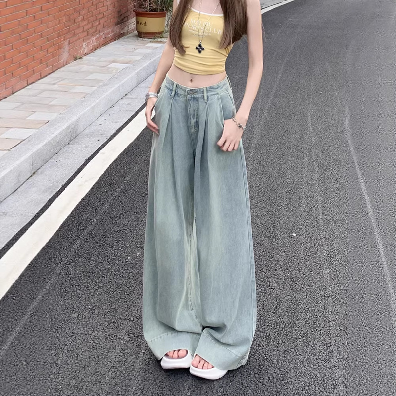 【Han Niu】2026 Spring Thin High Street Wide-Leg Pants Straight-Leg Draped Hong Kong Style Vintage Loose High-Waisted Women's Jeans 【Han Niu】2026 Spring Thin High Street Wide-Leg Pants Straight-Leg Draped Hong Kong Style Vintage Loose High-Waisted Women's Jeans