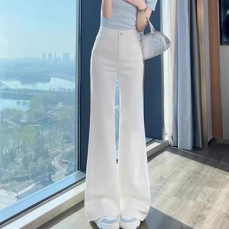 Elegant Versatile White Flared Jeans for Women, Autumn High-Waisted Slimming Loose Floor-Length Bell-Bottoms That Make Legs Look Longer