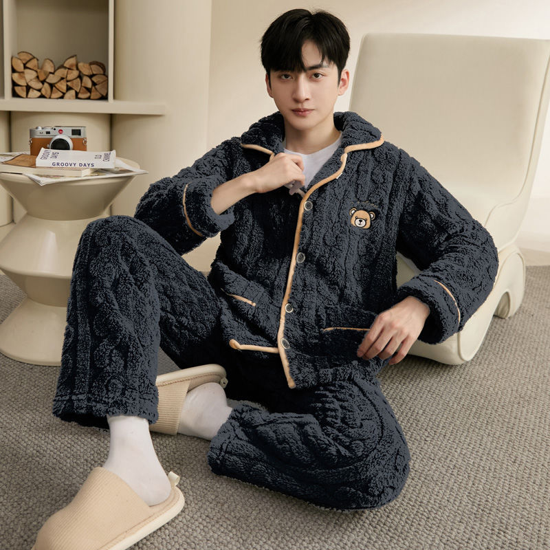 5A Antibacterial [Warm] 2024 Autumn and Winter Men's Pajamas Men's Velvet Thickeneded Coral Flannel for Young and Middle-Aged People