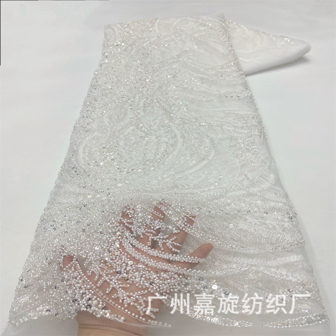 Tela de encaje con cuentas y lentejuelas 3D con patrón floral de alta resistencia, en stock, para vestido de novia.