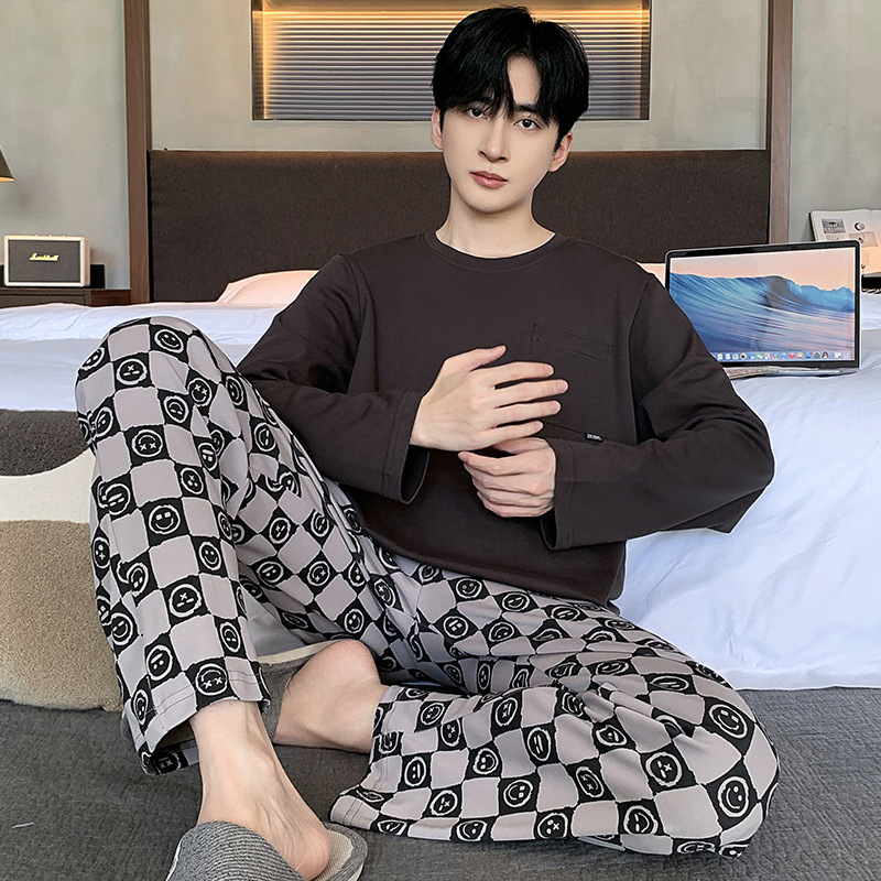 Pijama masculino primavera y otoño algodón de manga larga juvenil otoño y invierno se puede usar con ropa casera grande y suelta
