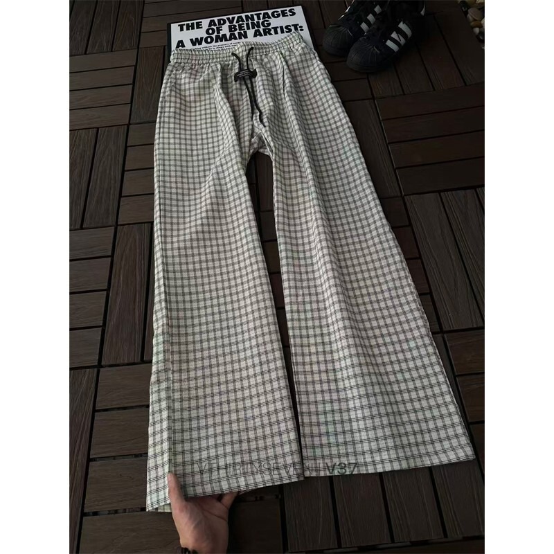 American Retro Bubble Gauze Black and White Plaid Pants for Men, New Japanese Trendy Brand Wide-Leg Pants, Loose Straight Casual Pants