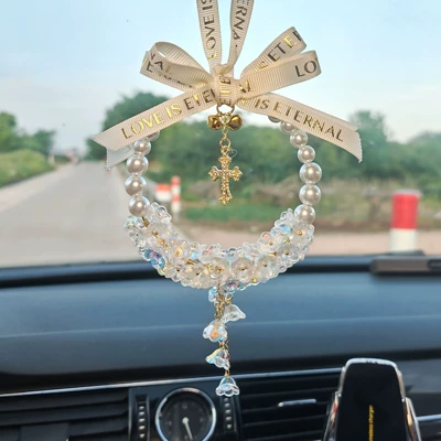 Cross with Pearl Flowers, Popular – Car hanging - white-crystal-lily-of-the-valley-cross-style