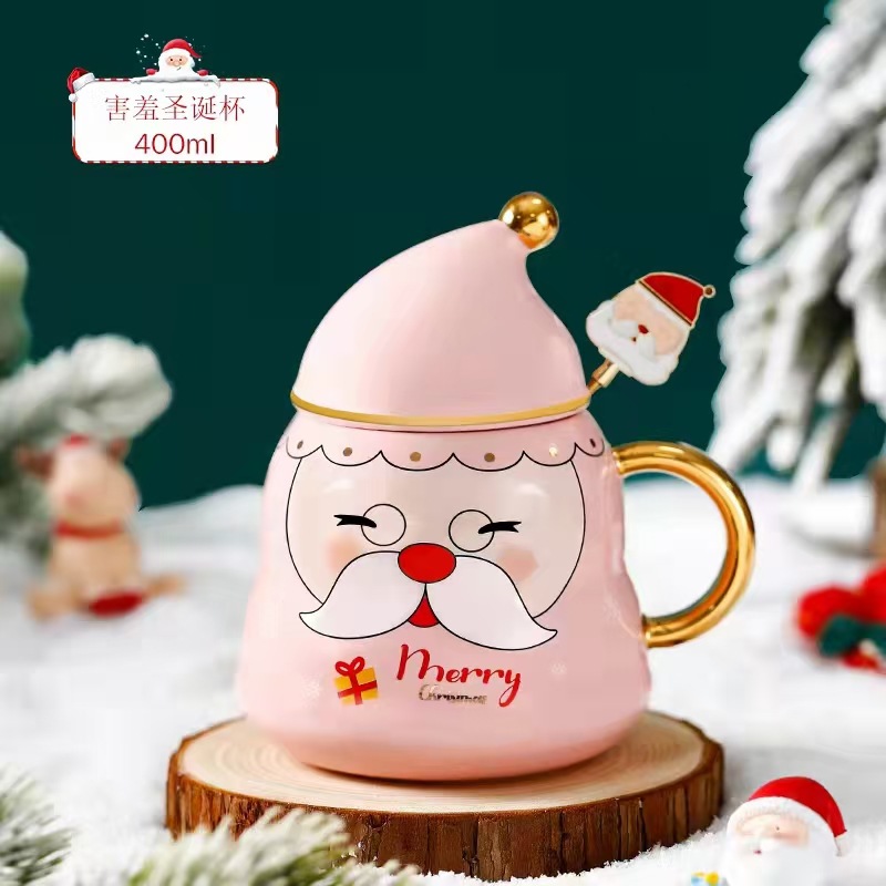 Creativo Navidad sombrero regalo taza de oro mango ancianos personalidad cerámica café con tapa cuchara Estilo nórdico agua