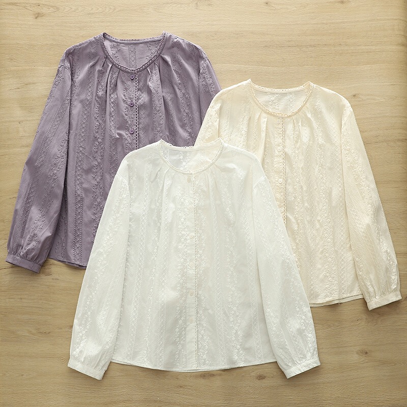2026 Korean-style new round-neck embroidered lace blouse, solid-color women's cardigan shirt, long-sleeved base layer, wholesale