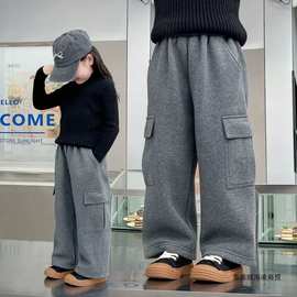新款女童加绒裤休闲24秋冬儿童加厚工装裤宝宝百搭潮流宽松直筒裤