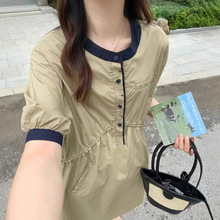 文艺短袖连衣裙2025简约韩系撞色圆领抽绳腰设计显瘦宽松休闲长裙