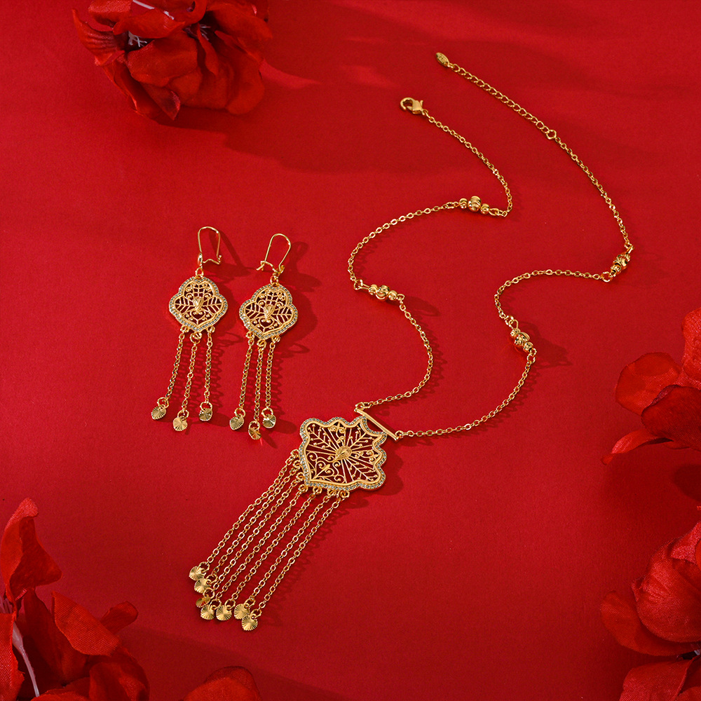 Bronce de moda dorado aretes de piedra de aluminio collar conjunto de joyas mujeres transfronterizas joyas populares de Oriente Medio pendientes colgantes image 4