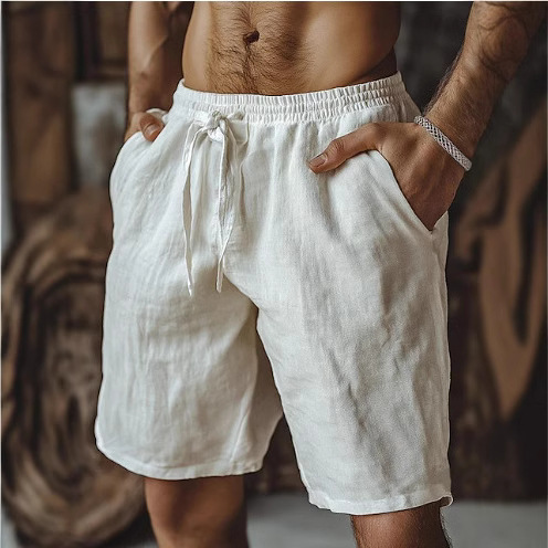 Cross-border 2025 summer European and American men's cotton and linen shorts lace-up elastic waist beach pants casual sports men