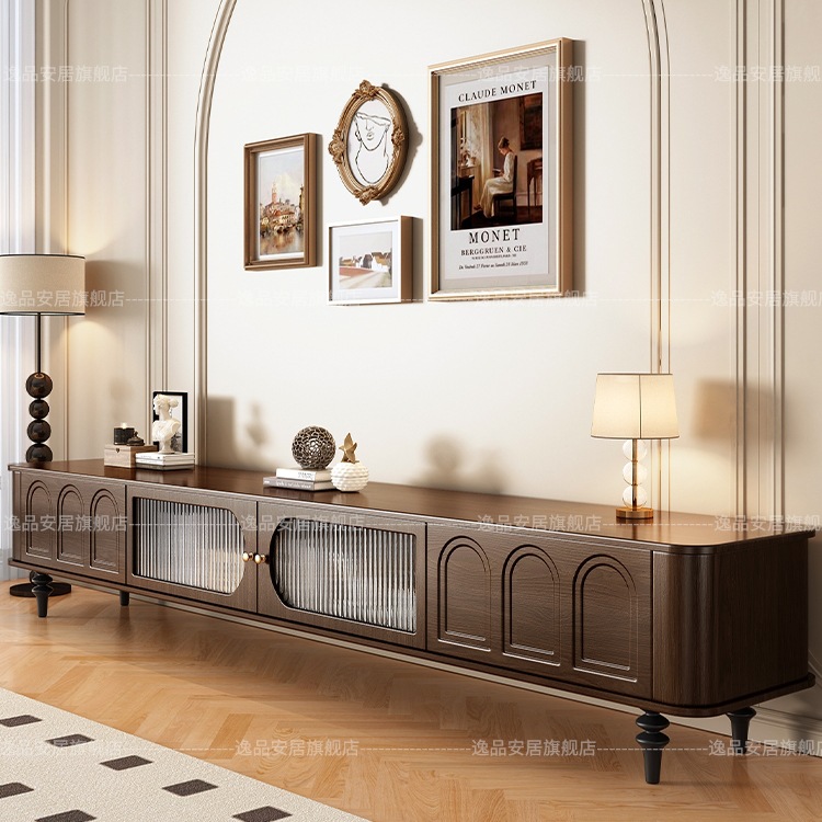 French-Style Solid Wood Tv Cabinet for Living Room, Light Luxury High-End Floor Cabinet, 2025 New Model for Small Apartments, Mid-Century Style Coffee Table Set