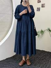 日系森女秋季新款纯色圆领宽松大版女士长袖连衣裙女批发潮