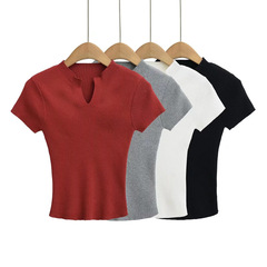 2025春夏新款V領修身針織短袖T恤女小百搭辣妹性感緊身針織上衣