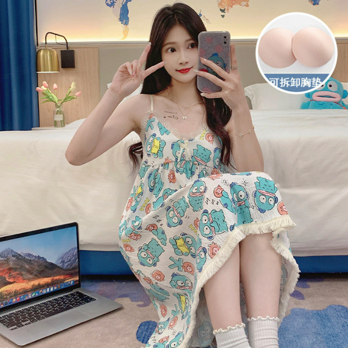 Pijamas de verano de niña cabina larga falda cojín de pecho camiseta ropa casera nubes de algodón dulce ropa casera