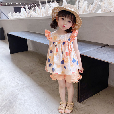 2021 A summer new pattern girl fashion Dot suit Children Flying sleeve Western style Female baby shorts Two piece set