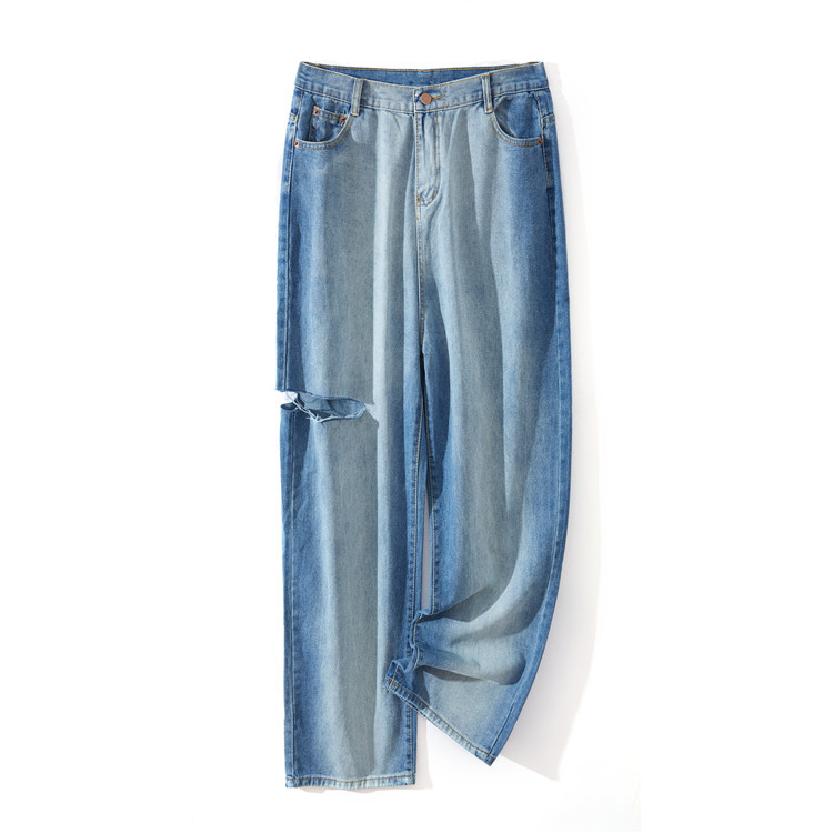 200斤大码渐变色破洞牛仔直筒裤女宽松胖妹妹高腰显瘦坠感长裤子|ms