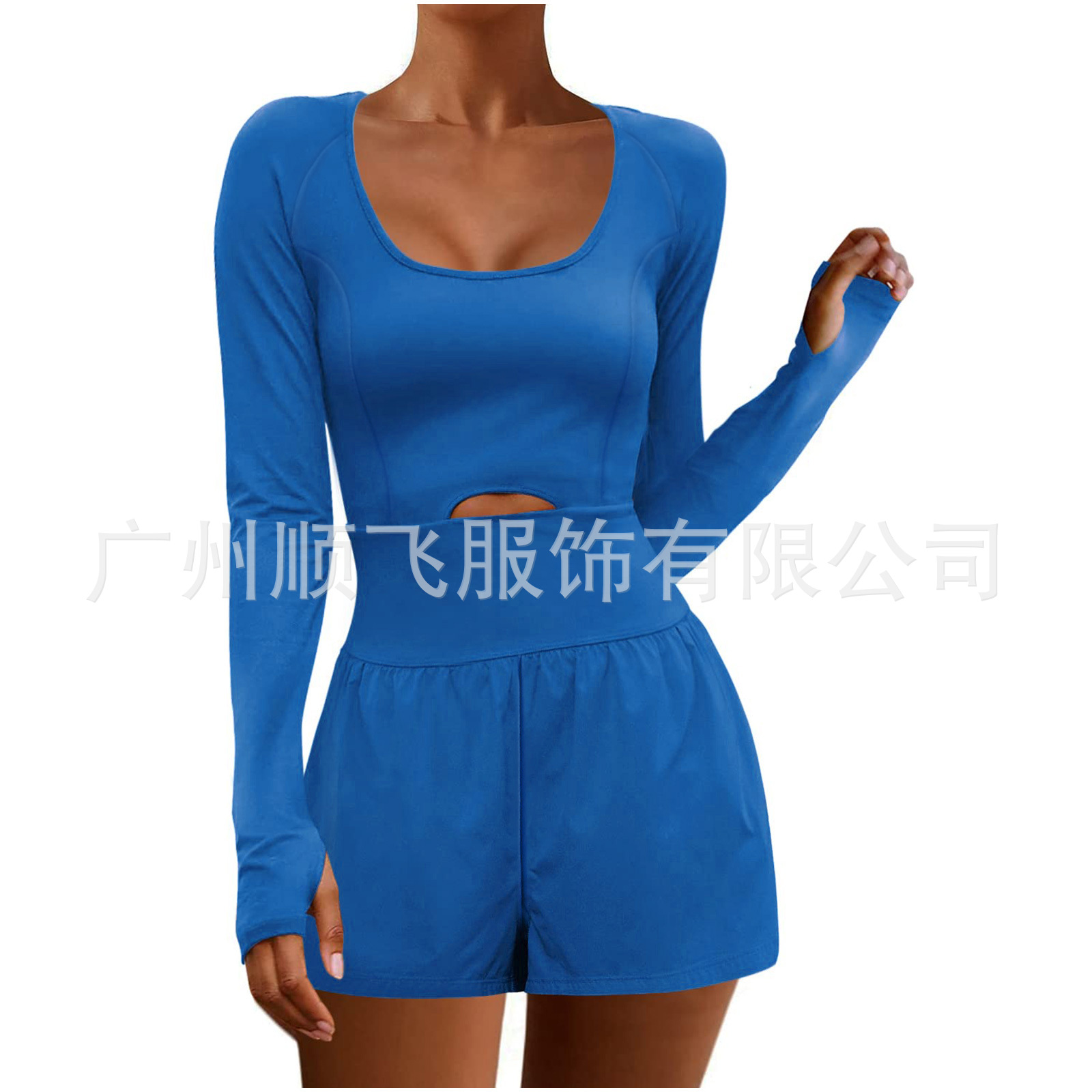Transfronterizo europeo y americano sexy Hollow deportes ropa de mujer Amazon cintura-apretado moda manga larga al aire libre color sólido bolsillo mono
