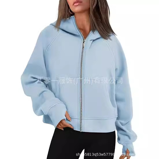 2024秋冬欧美外贸跨境女装亚马逊新款连帽链短款立领加绒纯色卫衣