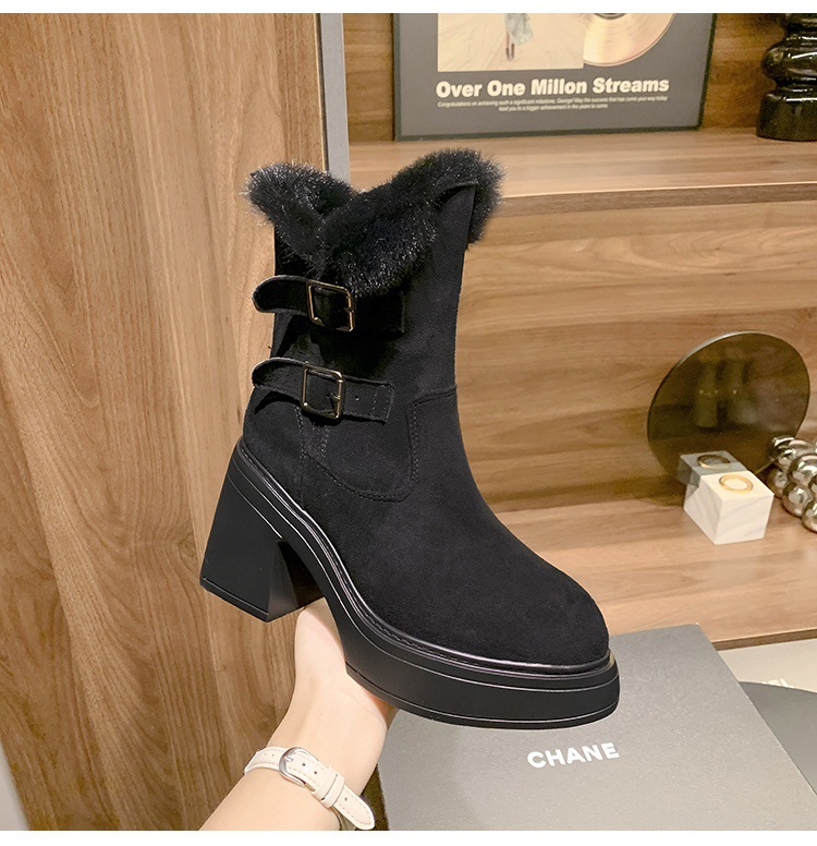 Boot nữ cổ cao lót lông cừu ấm áp, đế bệt gót nhọn, khóa thắt lưng — màu đen chi tiết 16