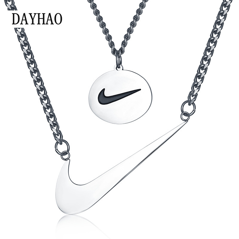 DAYHAO不锈钢hiphop嘻哈个性勾勾圆牌休闲T恤链韩版钛钢双层项链|ms