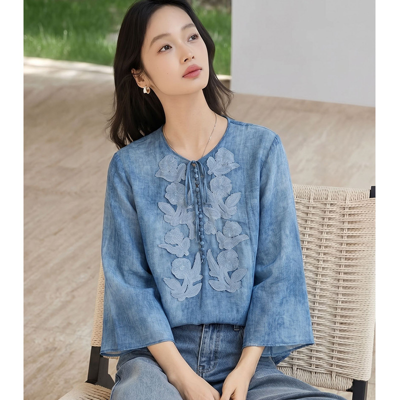 【Lang* Order】Oriental Charm Three-Dimensional Floral Embroidery Gradient Design Shirt, Summer Flowy Sun-Protective Blouse