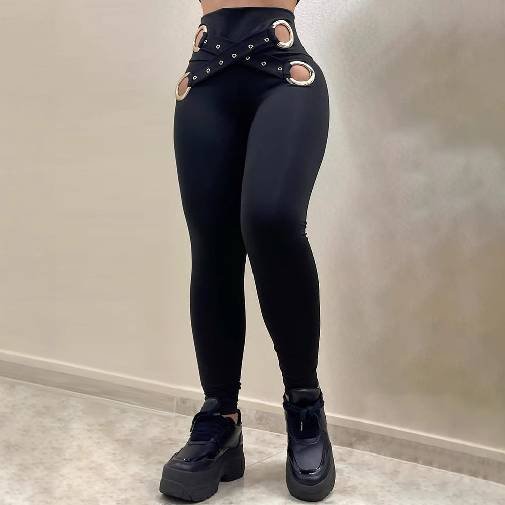 2022 deseo europeo y americano color sólido cintura alta apretado pantalones flacos split remache doble botonadura sexy bottoming pantalones para mujeres chic