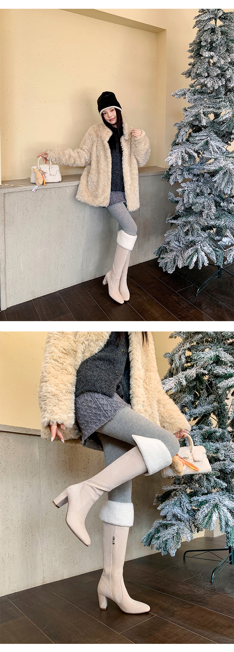 Boot nữ cổ cao ôm bắp chân lông cừu ấm, gót thô 5 cm, phong cách cưỡi ngựa — màu đen chi tiết 8