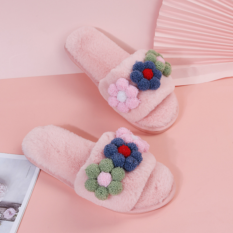 Flat-Bottomed Colorful Flowers Furry Slippers NSKJX104840