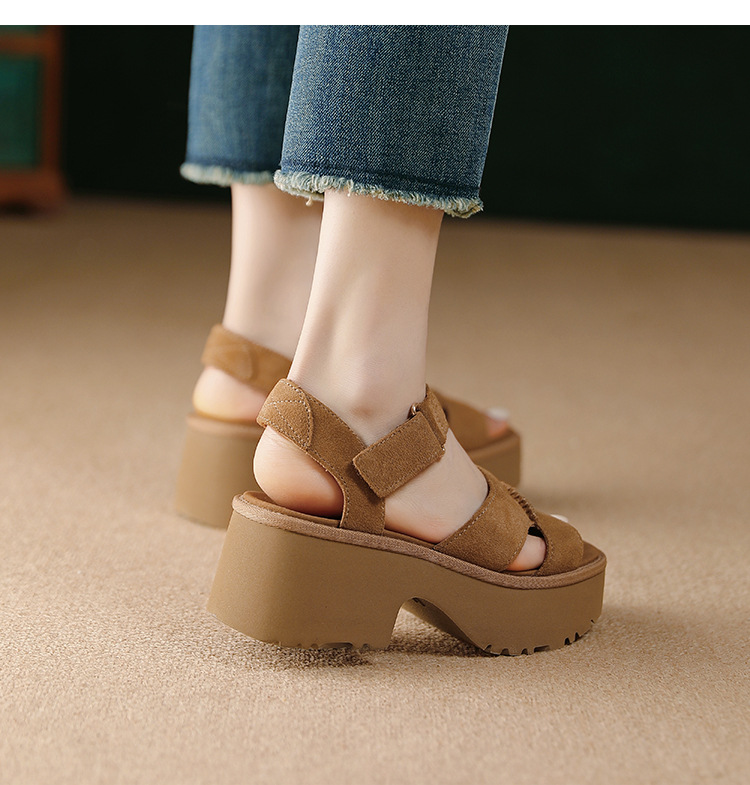 Sandal cao gót nữ hở mũi đế xuồng platform, quai dán tiện lợi, gót 9 cm — màu nâu chi tiết 8