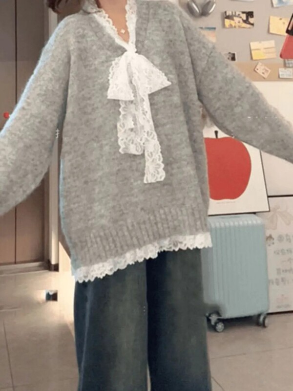 慵懒风蕾丝花边蝴蝶结假两件毛衣女秋冬季新款甜美宽松针织衫上衣|undefined