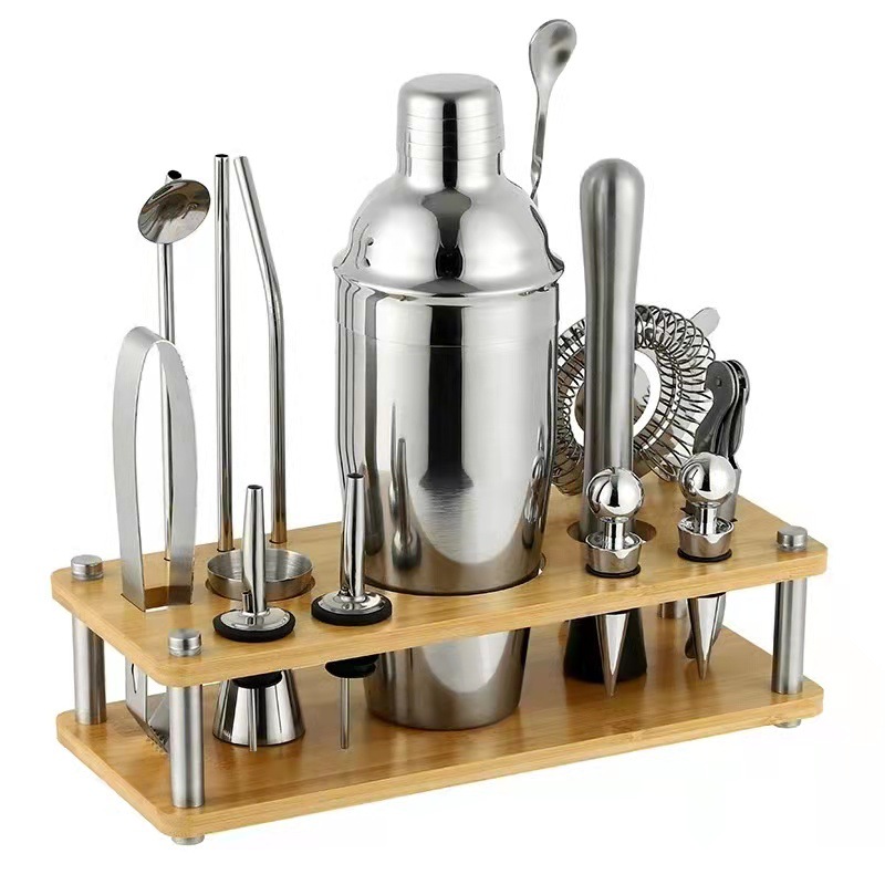 New model bar set stainless steel cocktail cup snow kettle bamboo rack barware set bar set double layer 