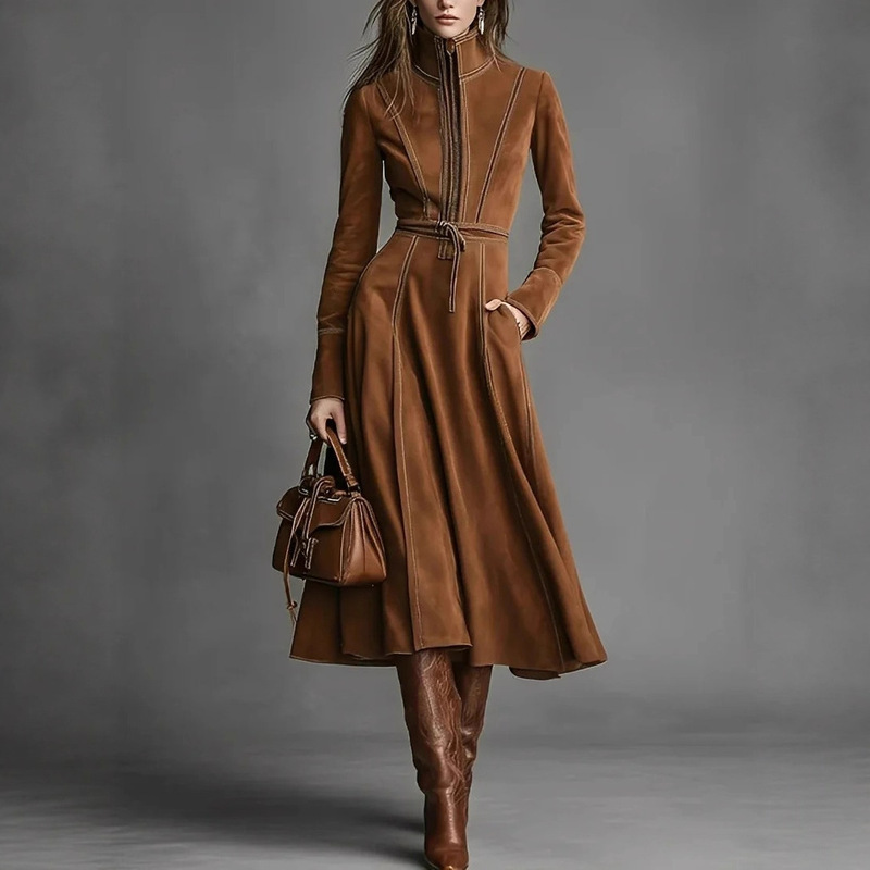 2026 Cross-Border Foreign Trade Independent Website Autumn and Winter Elegant Retro Suede Zipper Long Dress with Waist Tie 2026 Cross-Border Foreign Trade Independent Website Autumn and Winter Elegant Retro Suede Zipper Long Dress with Waist Tie