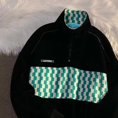 Half Zip Checkered Padded Thick Sweatshirt for Men, Japanese Style Loose Streetwear Brand Autumn/Winter Warm Clothing Ins Trend