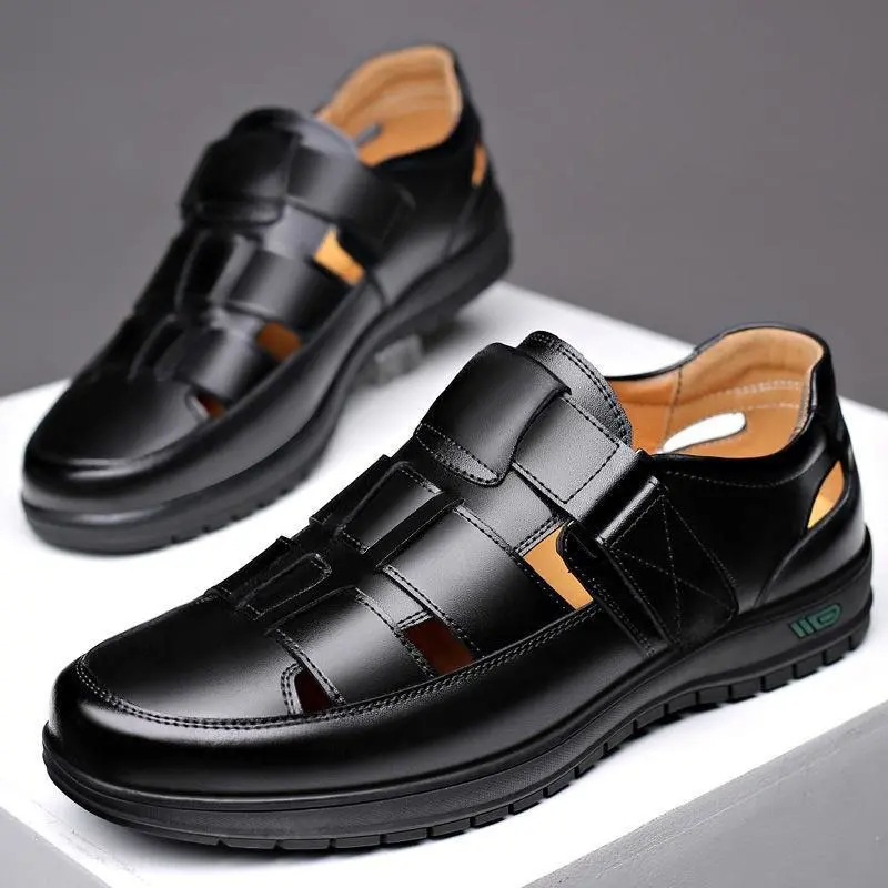 Zapatos de cuero de hombre personalizados, casual de negocios, ropa formal, zapatos individuales, suela suave, antideslizante, sandalias de verano para hombre, zapatos de papá, negro