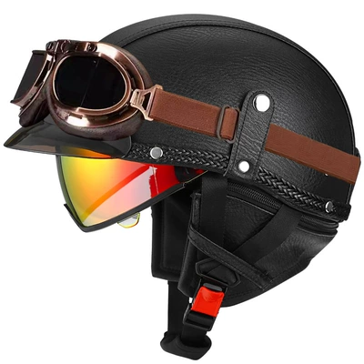 Motosiklet kaskı (dəbilqə) – car helmet Japanese scoop helmet - black-leather-aurora-redcopper-mirror-m