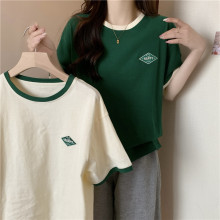 欧美ins超火撞色短袖T恤女夏季2023新款学生宽松半袖chic港味上衣