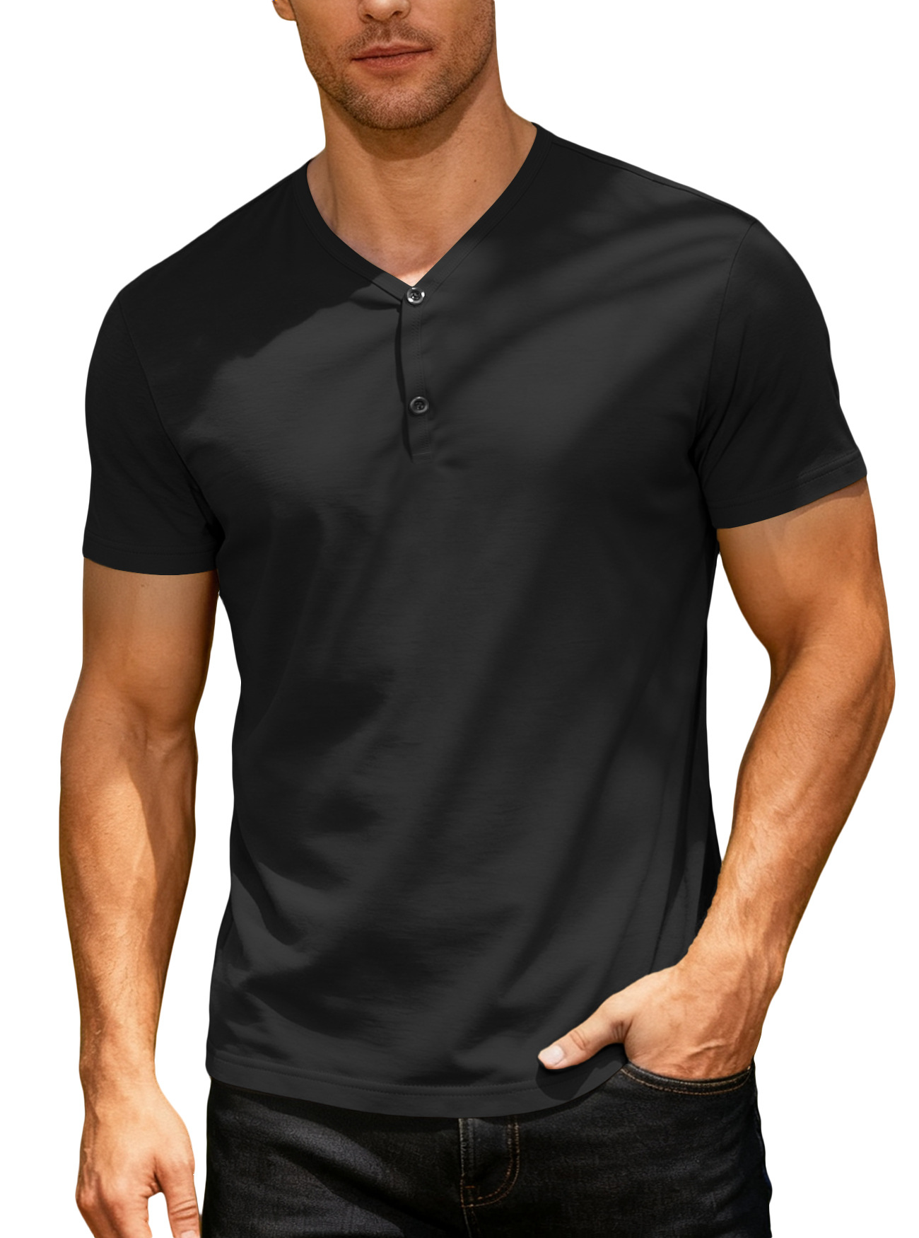 2025 TEMU transfronterizo hombre europeo y americano color sólido cuello V transpirable sudor deportivo casual ligero camiseta de manga corta regular
