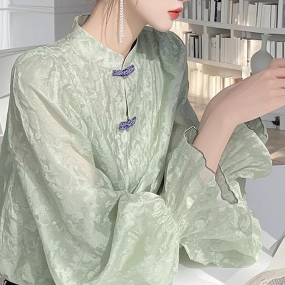 Green New Chinese Chiffon Shirt Women's 2025 Spring New Super Beautiful Unique Beautiful Design Niche Top