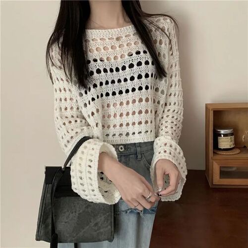 Summer Mesh Knit Top for Women - Korean Style New Loose Short Sleeve Design Long Sleeve Sunshade Shirt for Spring and Summer