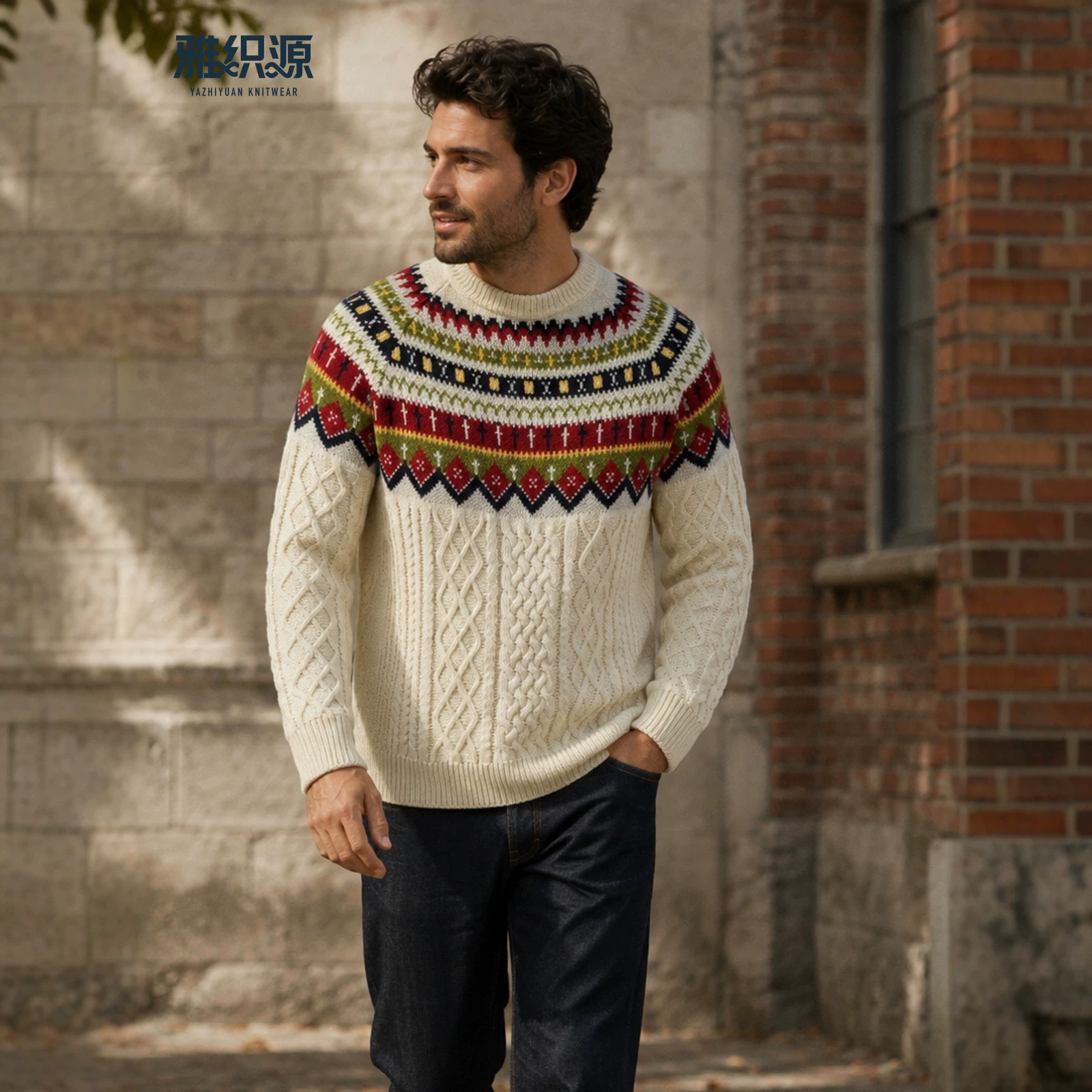 Yazhiyuan Men's Fair Isle Jacquard Round Neck Cable Knit Sweater Autumn/Winter Cross-Border Amazon Bestseller Sweater