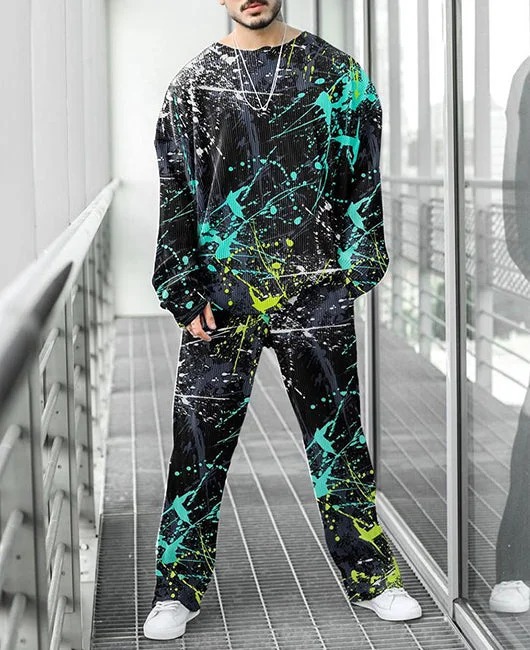 Colorido estilo personalizado estampado de dos piezas guapo otoño nuevo color contraste estilo Hong Kong cuello redondo camiseta pantalones ME6-MR10