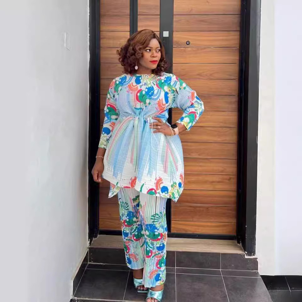 Women's Clothing fashion print pleated drawstring top trousers _voghion.com