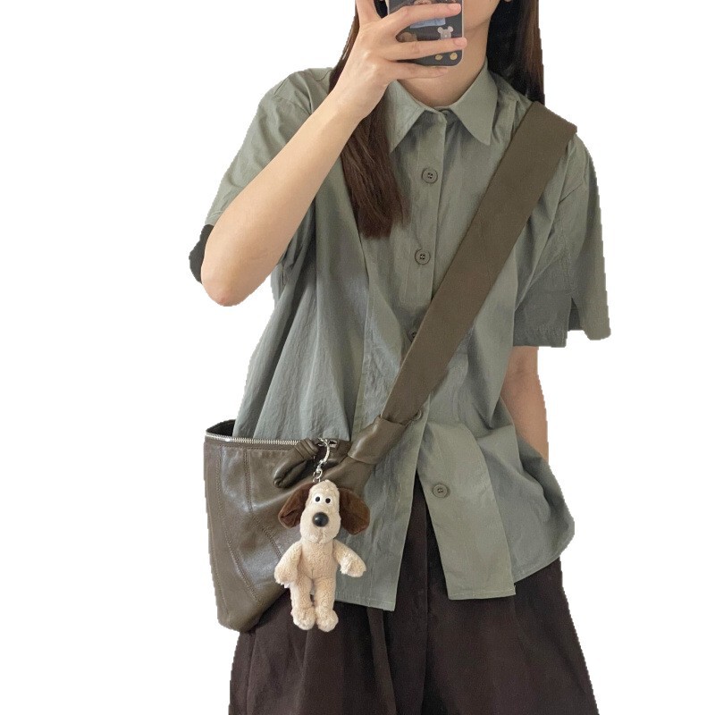 日系短袖衬衫女夏季复古设计感小众工装polo领薄款夏天衬衣外套潮|undefined