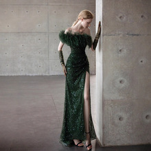 外贸跨境重工墨绿复古敬酒服舞会宴会性感鱼尾开叉新娘晚礼服成人