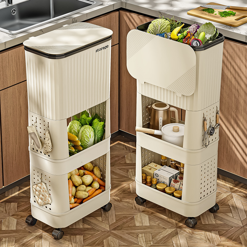 Kitchen Trash Bin Household High Large Capacity Non-bending Double-layer Movable Multifunctional Japanese-style Storage Rack with Lid