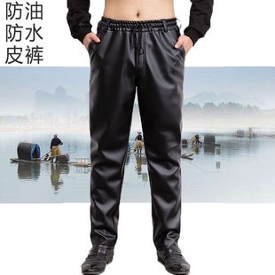 Men's Leather Pants Middle-aged and Elderly Loose Casual Windproof and Oil-proof Waterproof fleece-lined Thickened Biker Take-out Work Pants