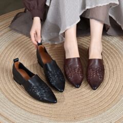 龍林2025秋季新款休闲单鞋复古手工编织尖头女一脚蹬轻便时尚百搭