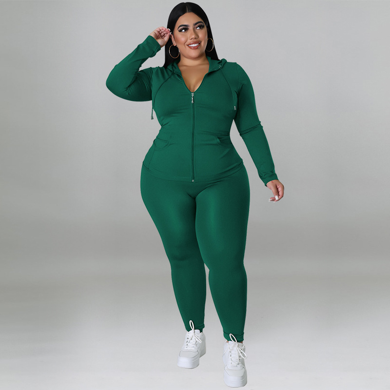 Plus Size Women's Clothing Solid Color Hooded Long Sleeve Fashion Casual Set Autumn Wear_ecoleips.com