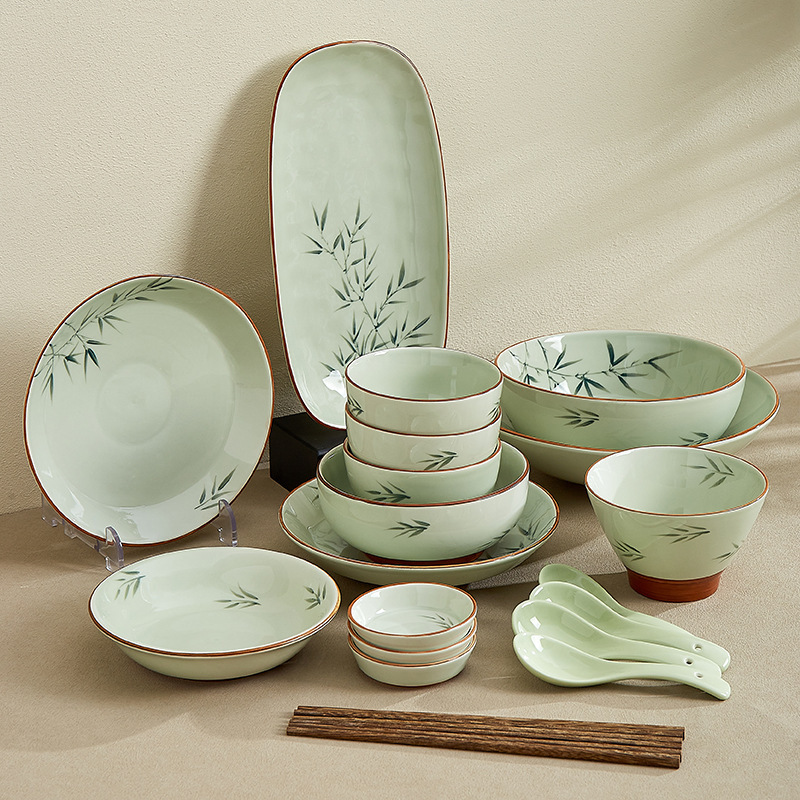 [New Product] Hand-Painted Ink Bamboo Household Ceramic Bowl Plate Underglaze Color Tableware Noodle Bowl Porcelain Plate Combination Set Bowl