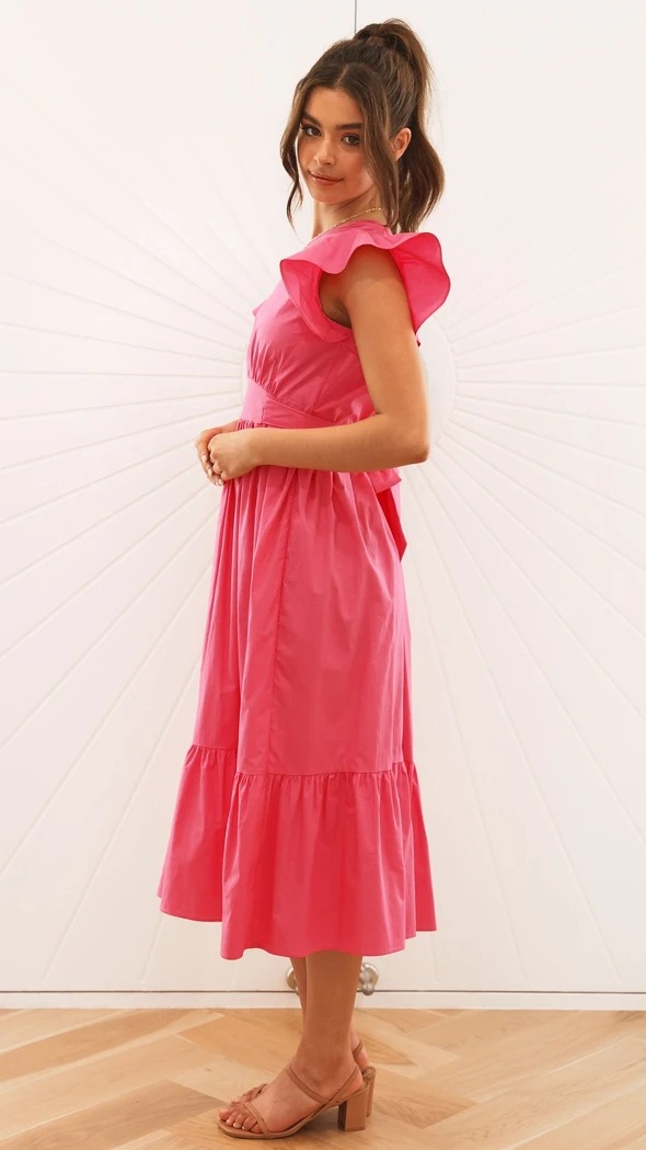 solid color ruffled short-sleeved large swing long dress  NSCXY120898