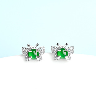S925 silver inlaid natural A goods jade yang green butterfly ice earrings jade fashion earrings women's wholesale